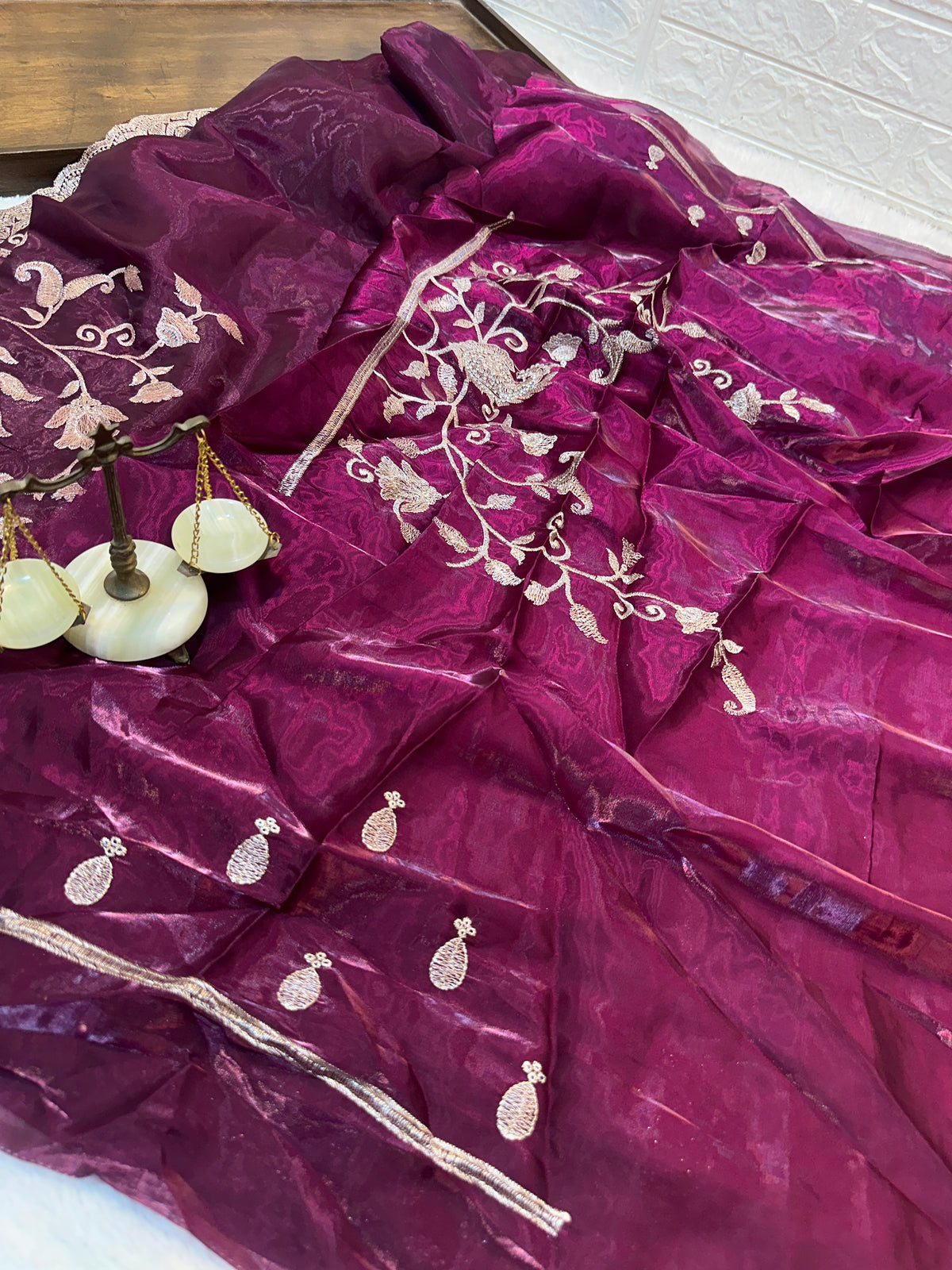 Buy 1 Get 1 FREE – Premium Dark Wine Zari Work Saree ✨