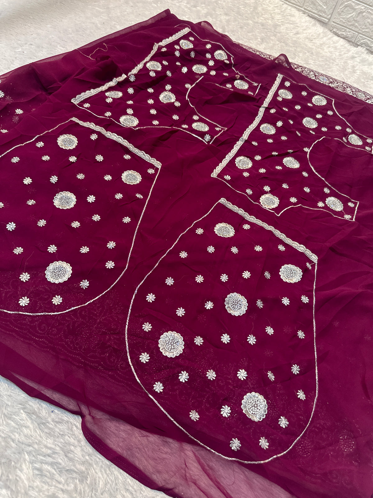Plum Purple Georgette Saree with Silver Zari & Sequin Embroidery