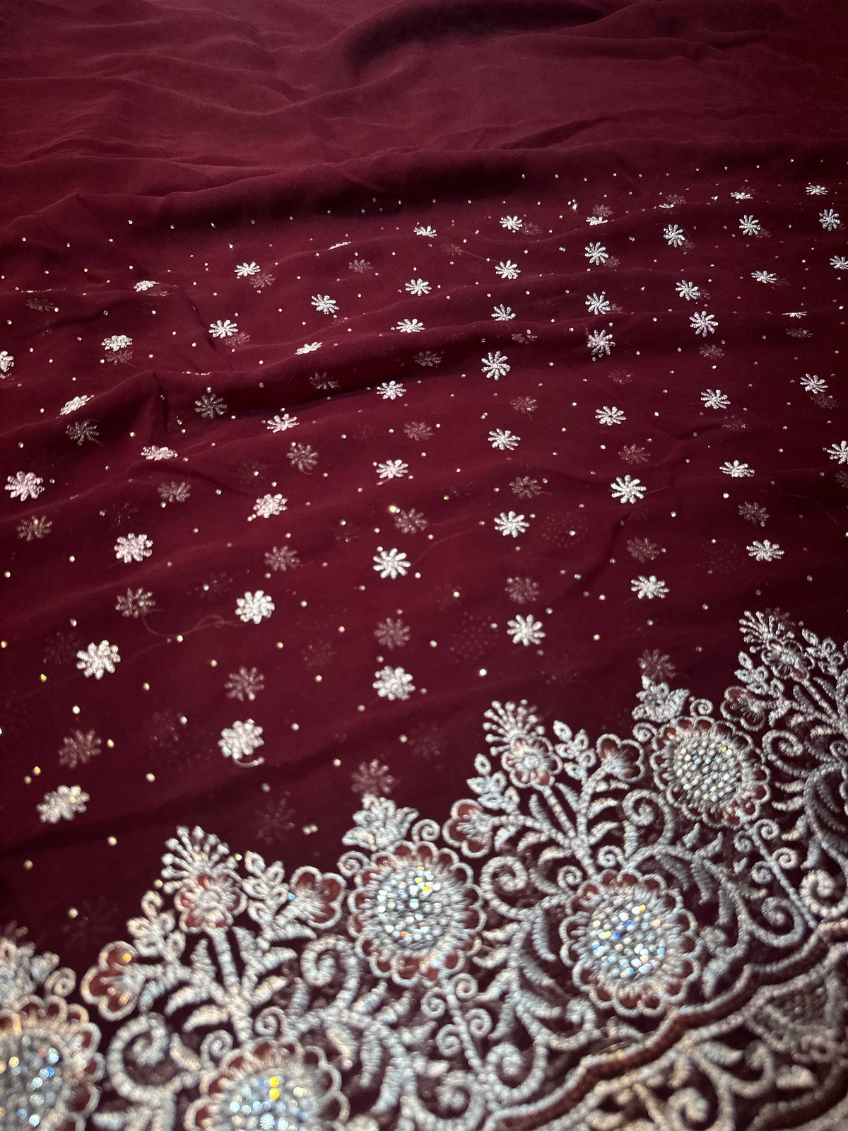 Wine Georgette Saree with Silver Zari & Sequin Embroidery