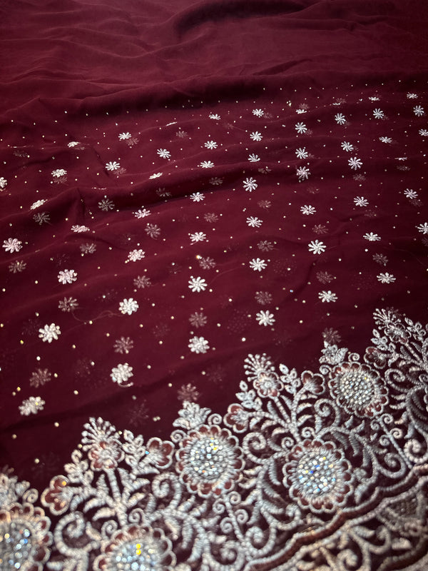 Wine Georgette Saree with Silver Zari & Sequin Embroidery