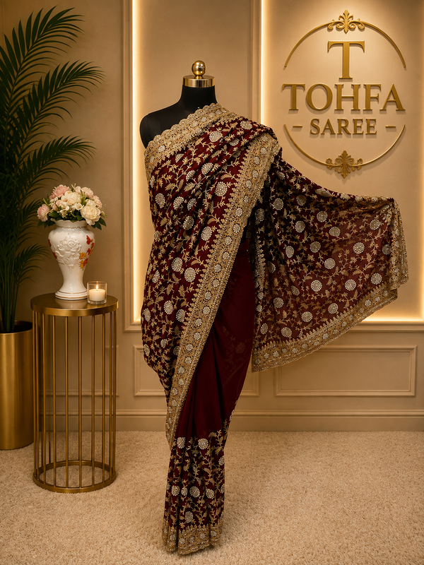 Royal Wine Designer Saree with Intricate Zarkhan & Golden Work