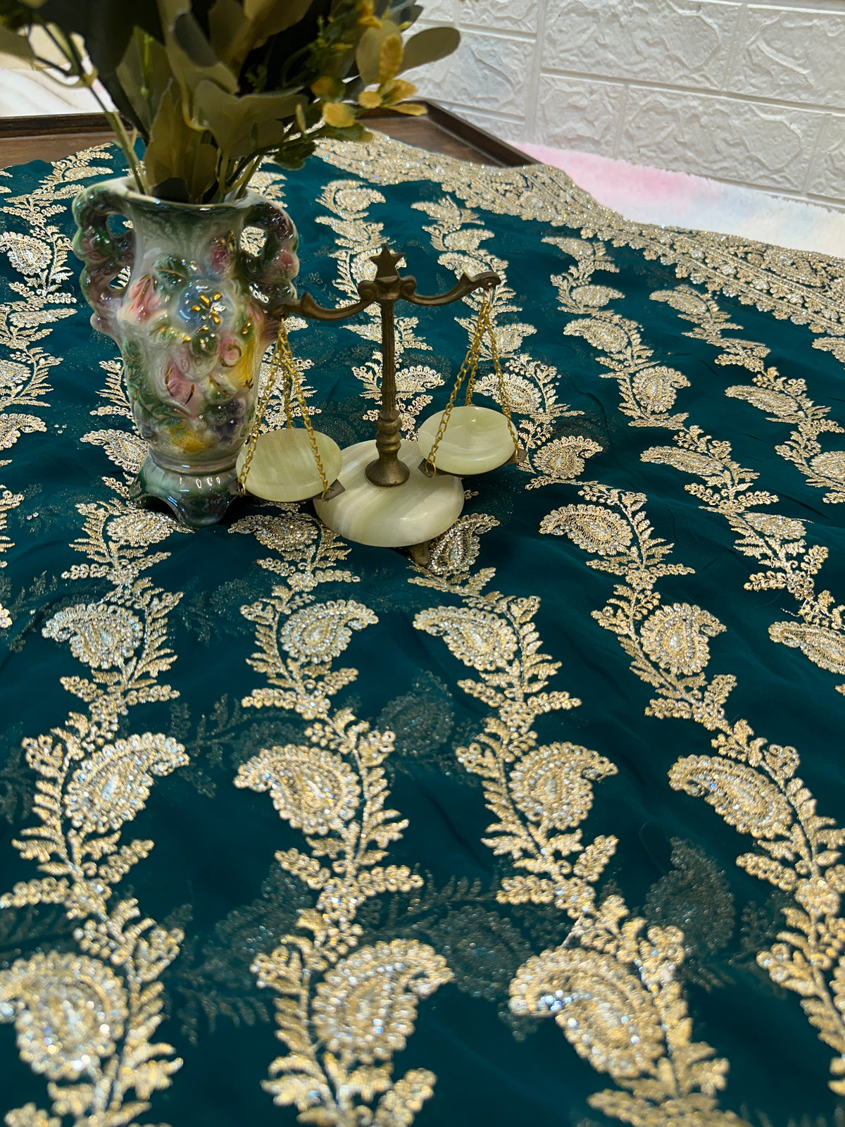Premium Teal Green Saree with Dupatta | Heavy Zari & Embroidery Work