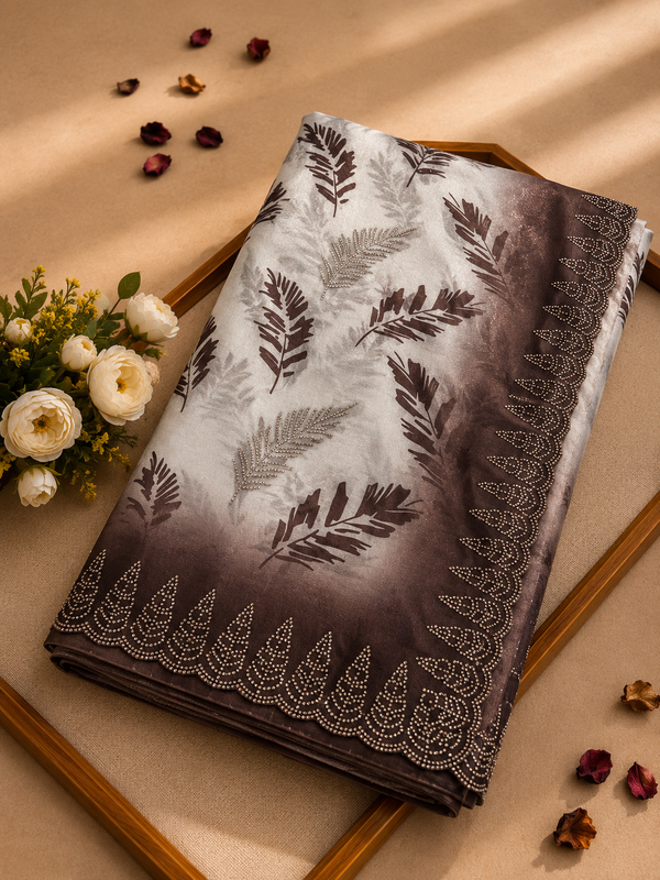 Elegant White & Coffee Brown Golden Zarkhan Saree | Premium Party Wear Collection
