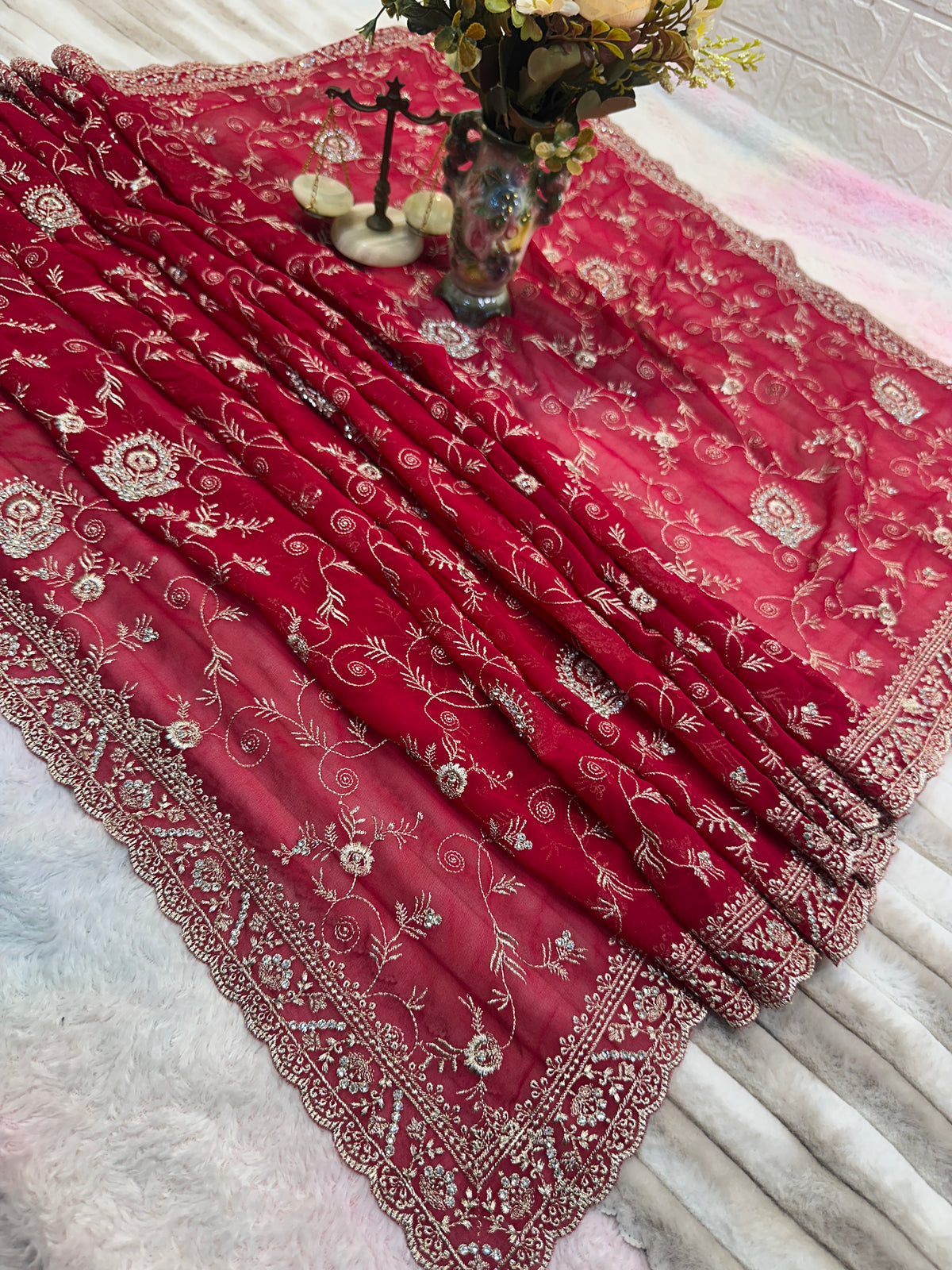 Premium Red Bridal Saree with Dupatta | Heavy Embroidery & Stone Work
