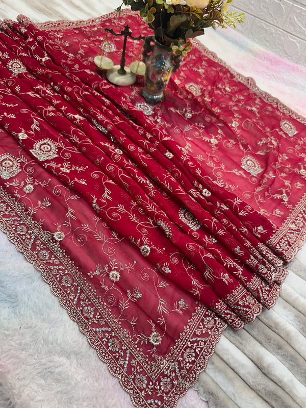Premium Red Bridal Saree with Dupatta | Heavy Embroidery & Stone Work