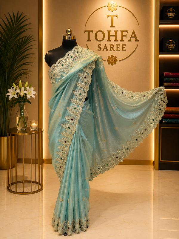 Premium Teal Blue Gabana Designer Saree | Luxury Zari & Stone Work