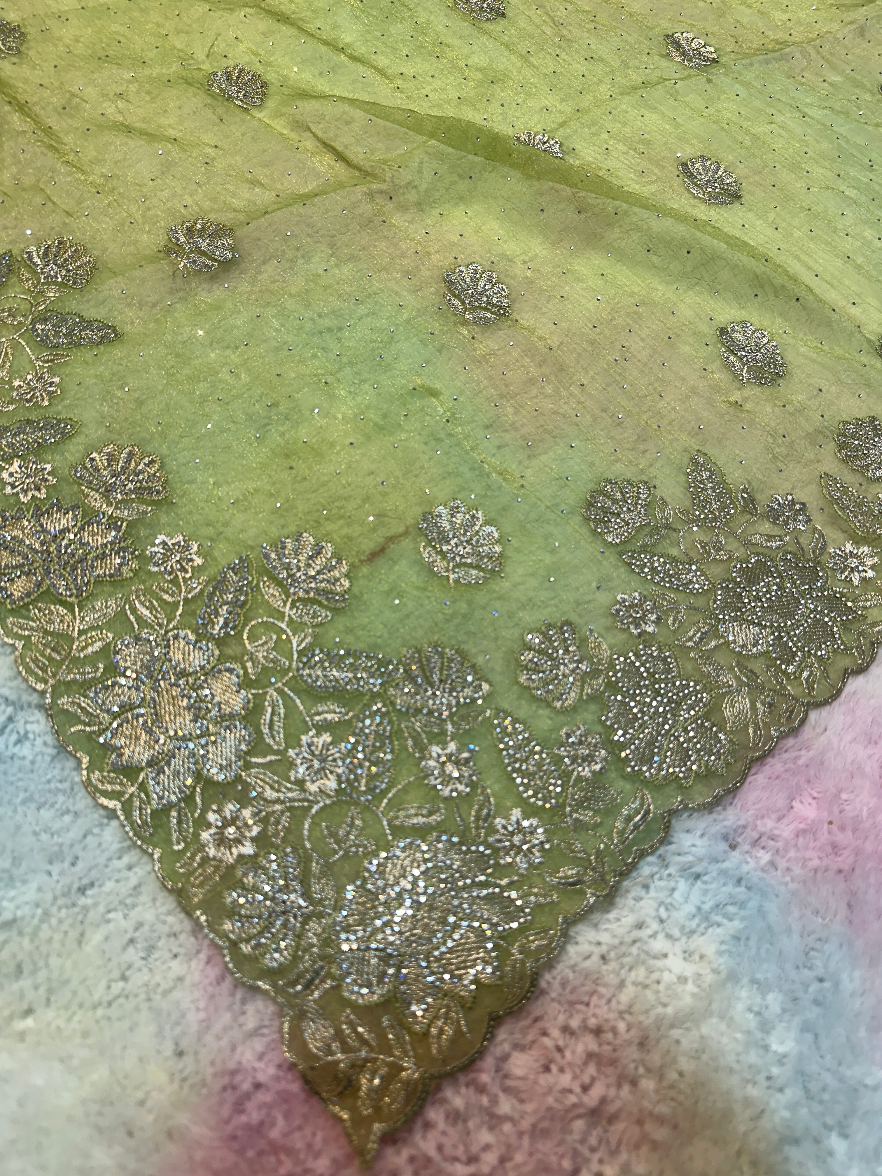 Pista Green Organza Saree with White Zari & Zarkhan Stone Floral Embroidery