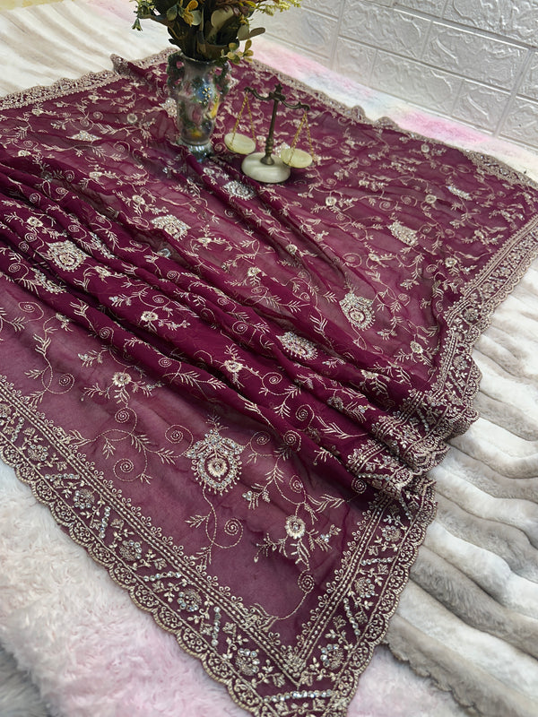Premium Wine Saree with Dupatta | Heavy Embroidery & Stone Work