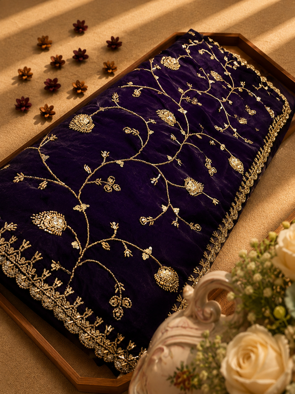 Premium Purple Fendi Designer Saree with Elegant Embroidery Work