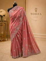 Coral Pink Organza Saree with Silver Zarkhan Stone & Zari Floral Embroidery