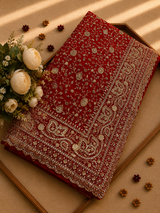Premium red Designer Georgette Saree with Heavy zarkhan & Intricate Embroidery Work
