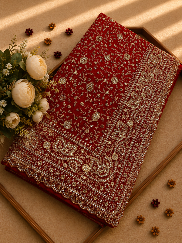 Premium red Designer Georgette Saree with Heavy Sequins & Intricate Embroidery Work