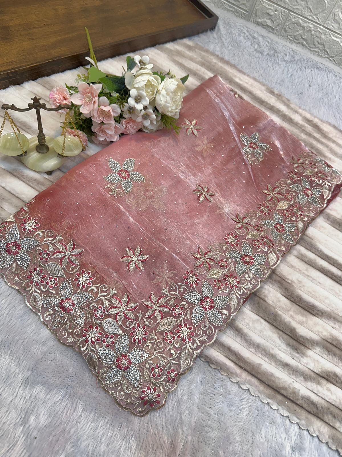 BUY 1 GET 1 FREE – Blush Pink Floral Embroidered Saree