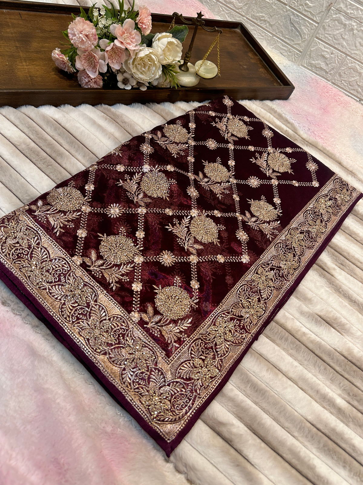 BUY 1 GET 1 FREE – Royal Burgundy Zari & Zarkhan Saree