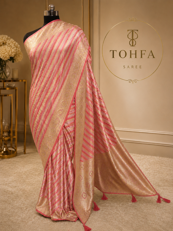 Pink Banarasi Silk Saree with Gold Zari Stripes & Heavy Zari Border