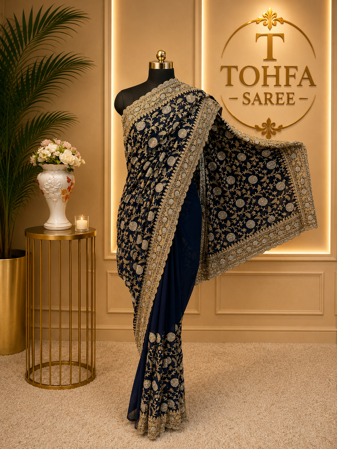 Navy Blue Golden Zarkhan Embroidered Saree – Premium Festive Collection