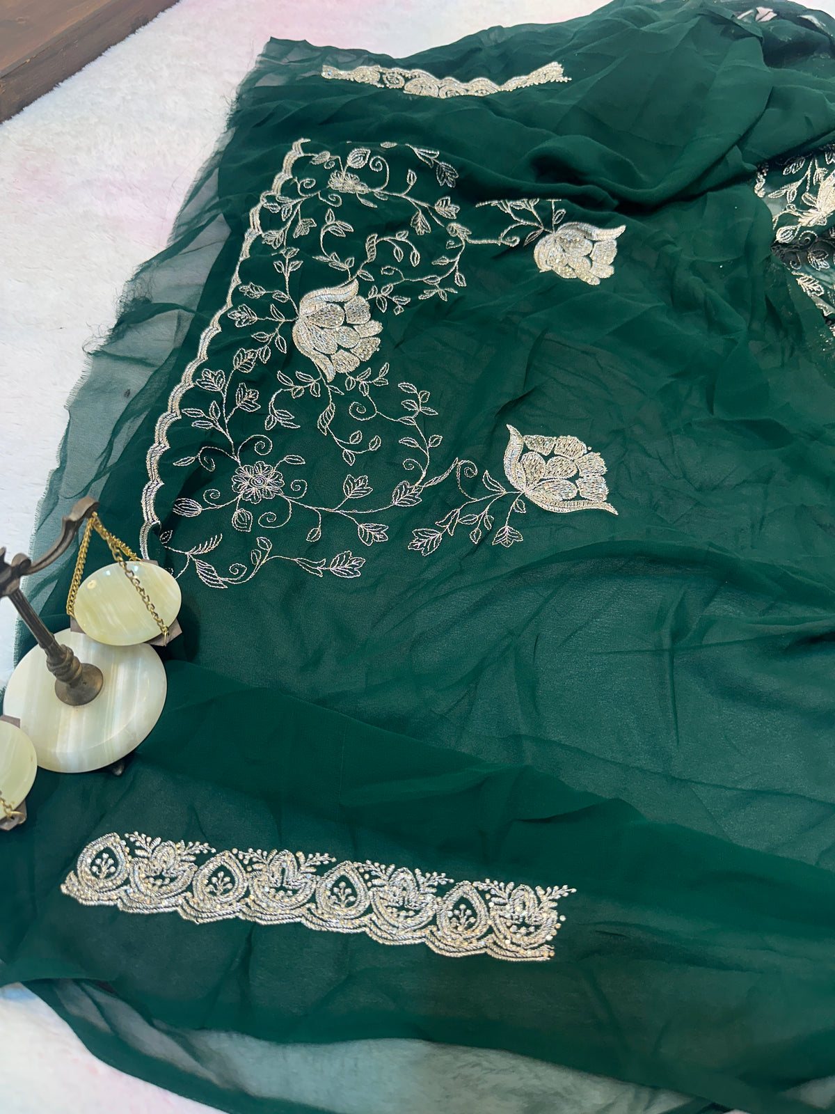 Dark Green Designer Saree With Dupatta – Elegant Floral Embroidery