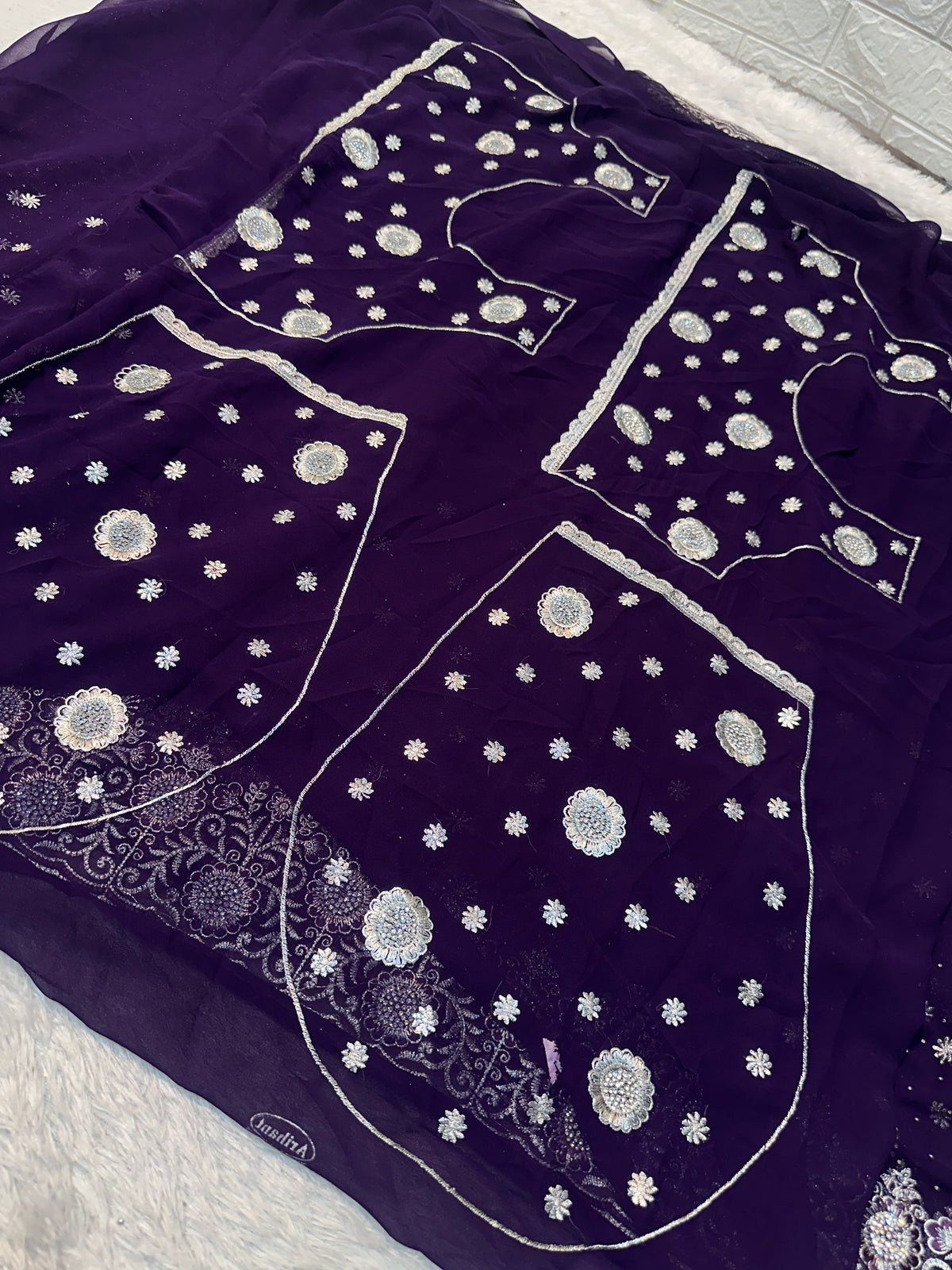 Royal Purple Georgette Saree with Silver Zari & Sequin Embroidery
