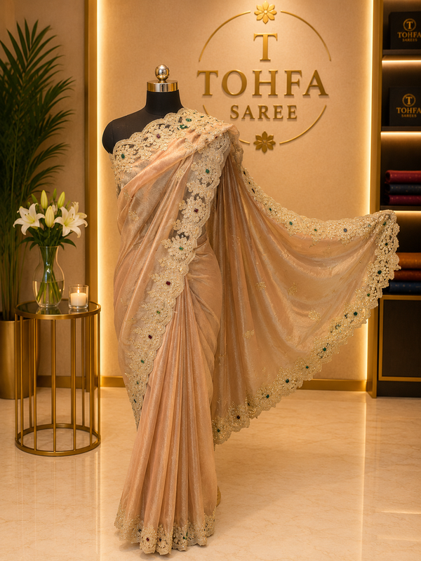 Premium Dusty Rose Gabana Designer Saree | Luxury Zari & Stone Work