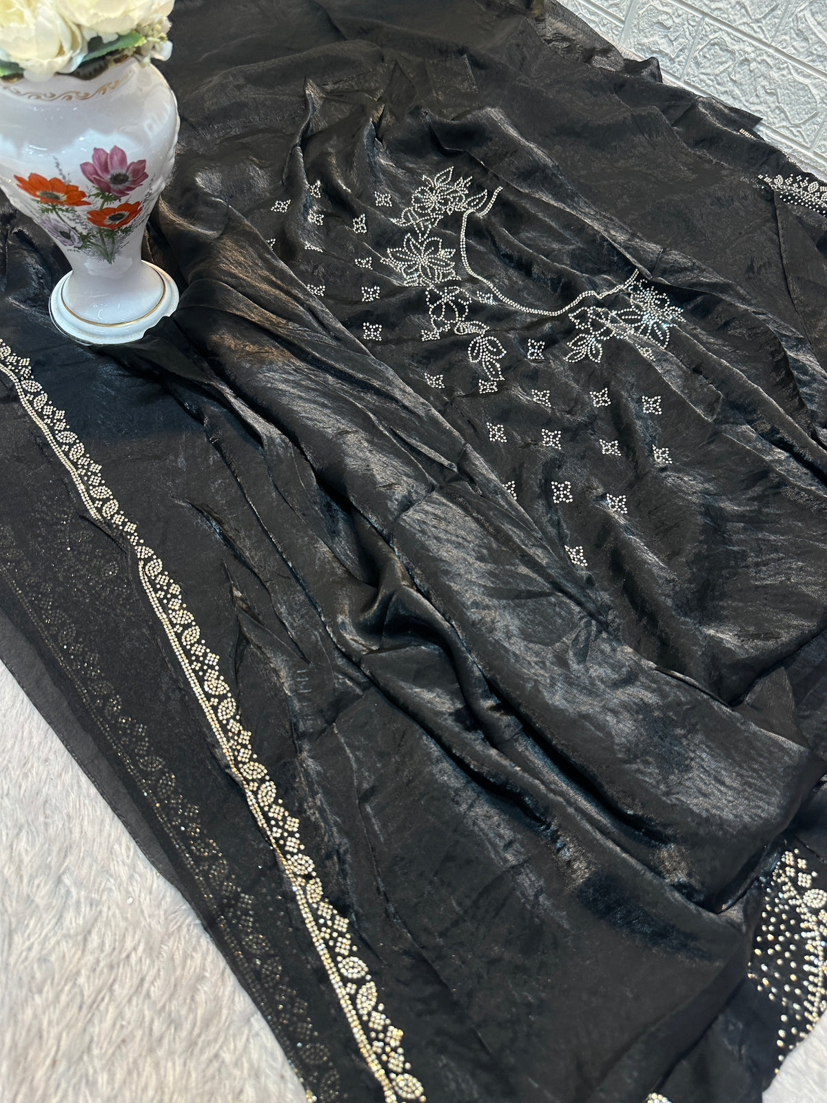Premium Jet Black Fendi Saree with Elegant Stone Work – Luxury Designer Party Wear, Wedding & Festive Collection