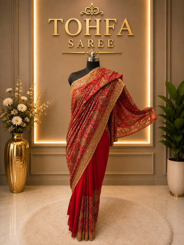 Premium Red Georgette Kashmiri Work Designer Saree | Elegant Wedding & Festive Collection
