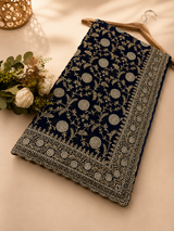 Navy Blue Golden Zarkhan Embroidered Saree – Premium Festive Collection