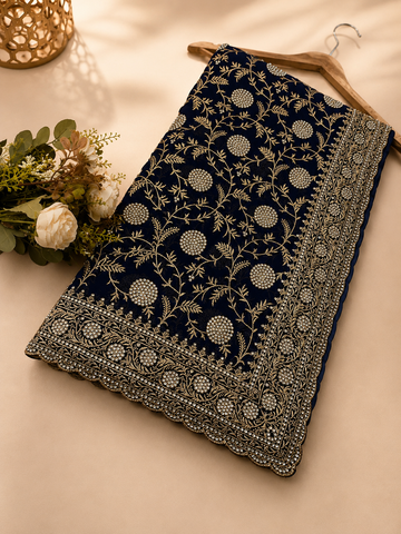 Navy Blue Golden Zarkhan Embroidered Saree – Premium Festive Collection