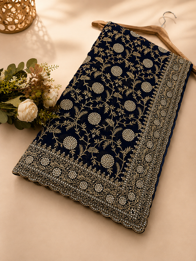 Navy Blue Golden Zarkhan Embroidered Saree – Premium Festive Collection