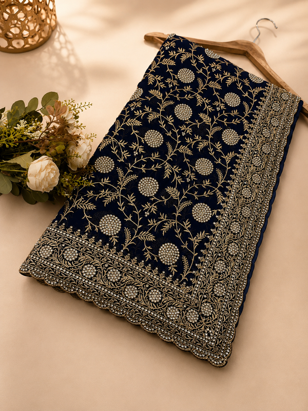 Navy Blue Golden Zarkhan Embroidered Saree – Premium Festive Collection
