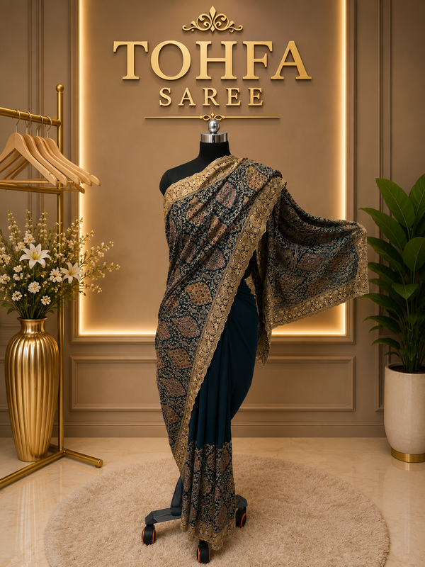 Premium Teal Blue Georgette Kashmiri Work Designer Saree | Elegant Wedding & Festive Collection