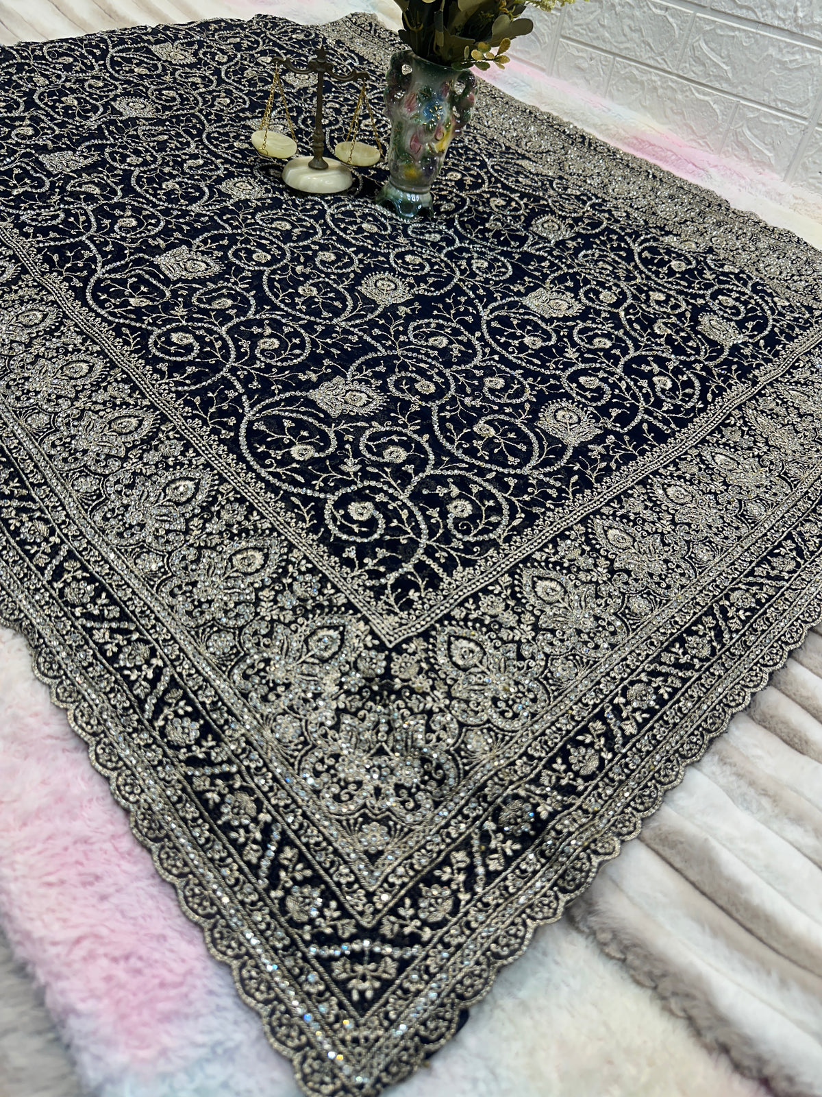 Premium Navy Blue Saree with Dupatta | Heavy Embroidery & Stone Work