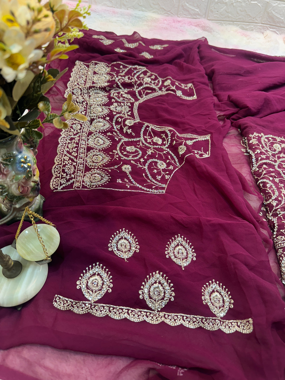 Premium Wine Saree with Dupatta | Heavy Embroidery & Stone Work