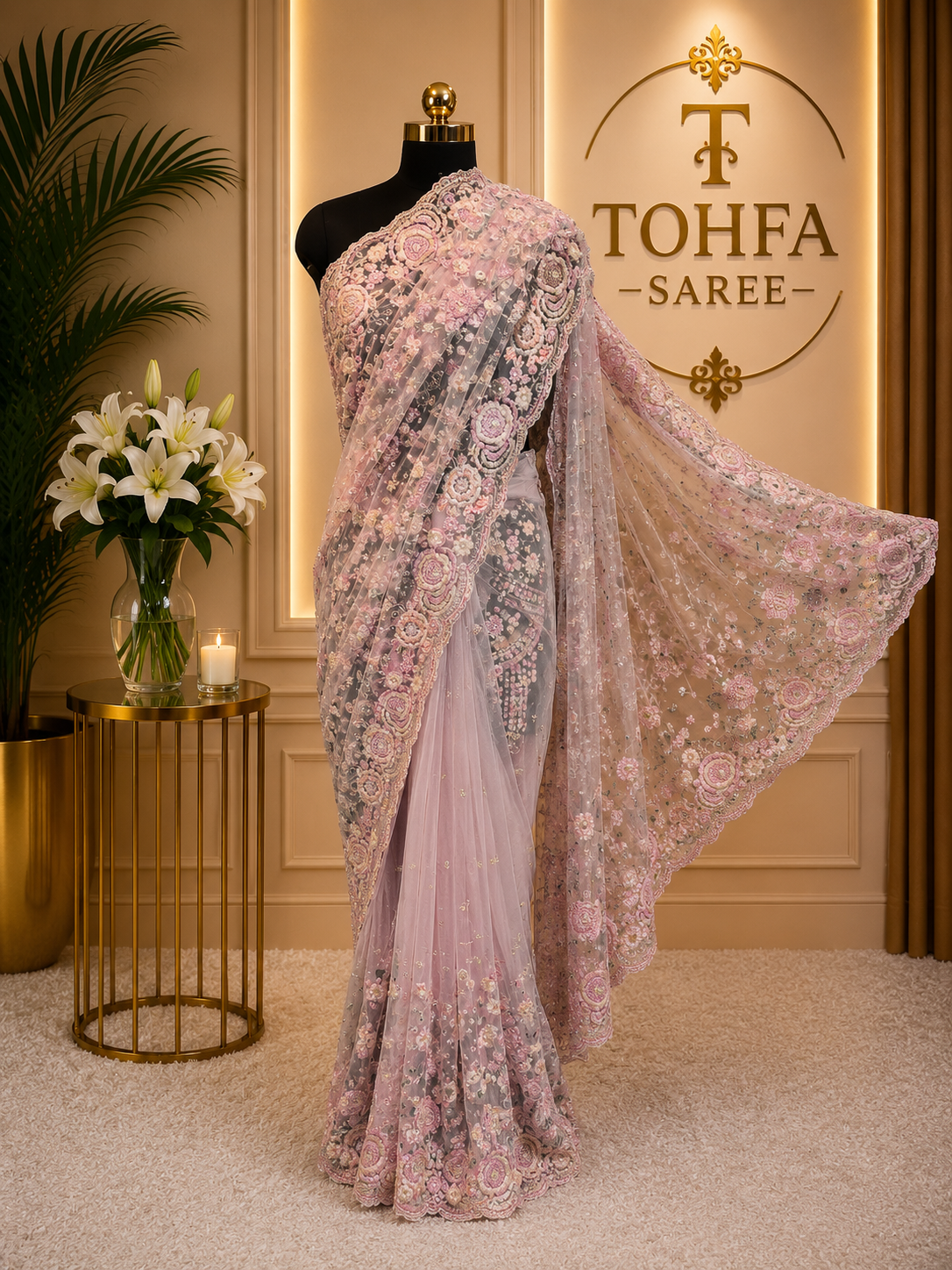 Luxury Mauve Pure Soft Butterfly Net Saree with Heavy Floral Embroidery & Sequin Work | Premium Wedding & Designer Collection