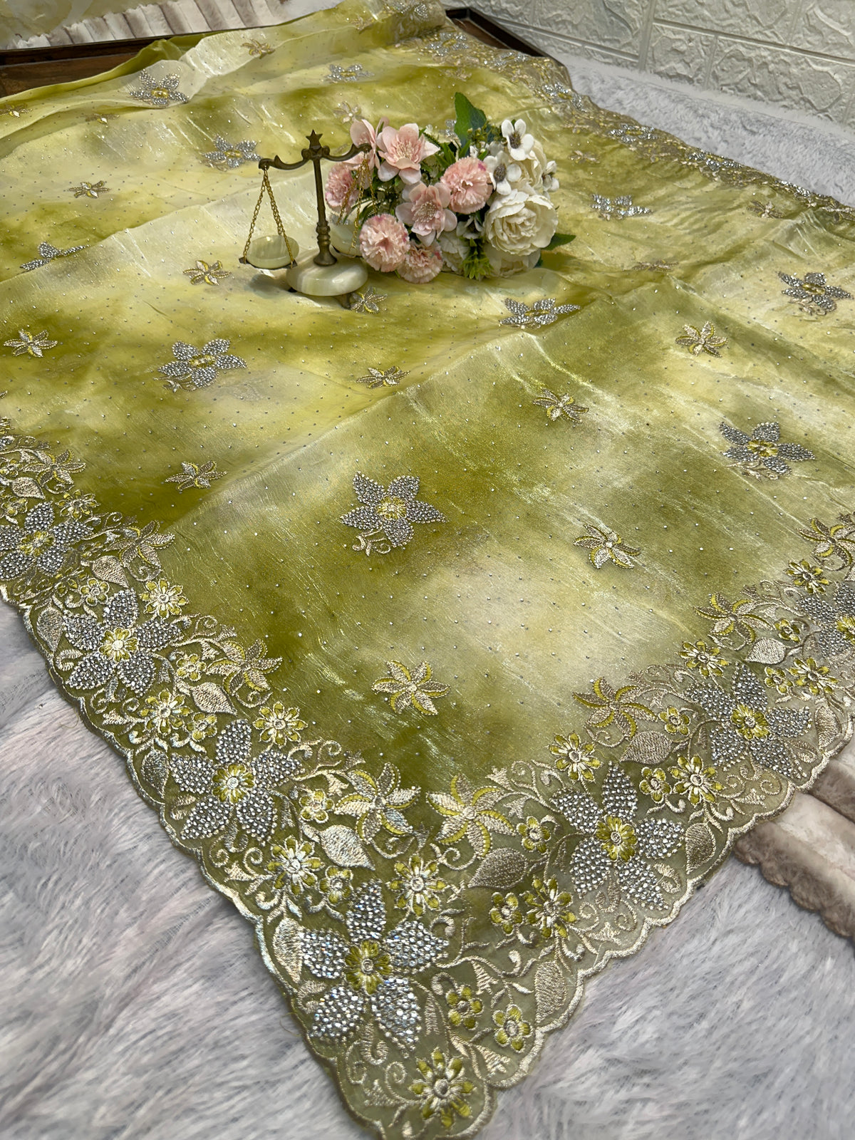 BUY 1 GET 1 FREE – Olive Green Floral Embroidered Saree