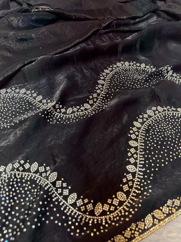 Premium Jet Black Fendi Saree with Elegant Stone Work – Luxury Designer Party Wear, Wedding & Festive Collection