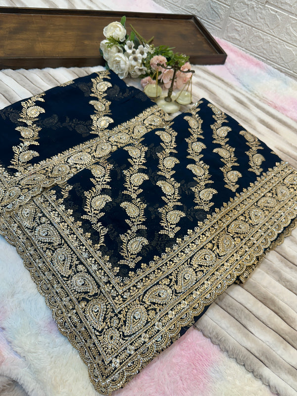 Premium Royal Blue Saree with Dupatta | Heavy Zari & Embroidery Work