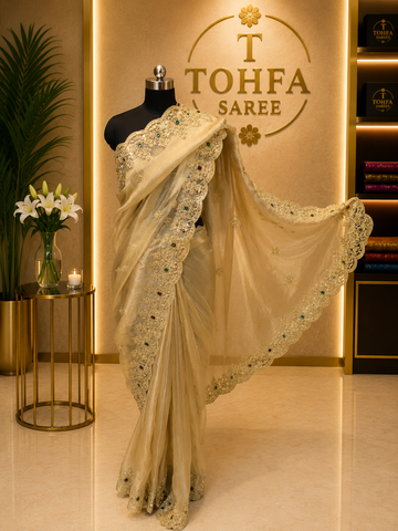 Premium Golden Gabana Designer Saree | Elegant Zari & Stone Work