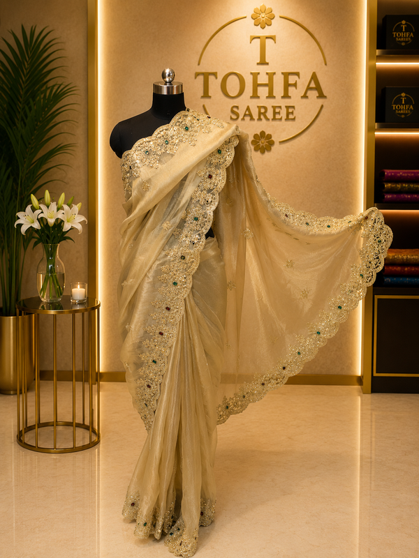 Premium Golden Gabana Designer Saree | Elegant Zari & Stone Work