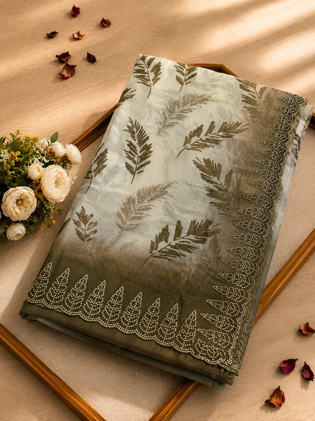 Elegant White & Olive Green Golden Zarkhan Saree | Premium Party Wear Collection