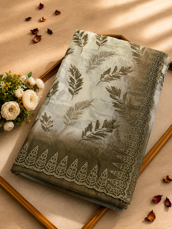 Elegant White & Olive Green Golden Zarkhan Saree | Premium Party Wear Collection
