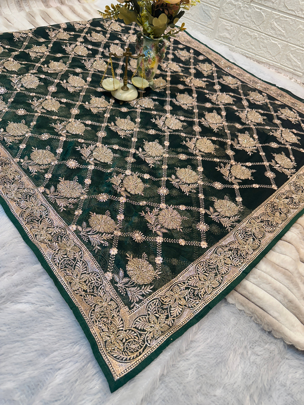 BUY 1 GET 1 FREE – Dark Green Zari & Zarkhan Saree