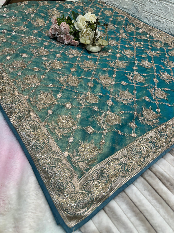 Teal Green Designer Saree with Zari & Zarkhan Work