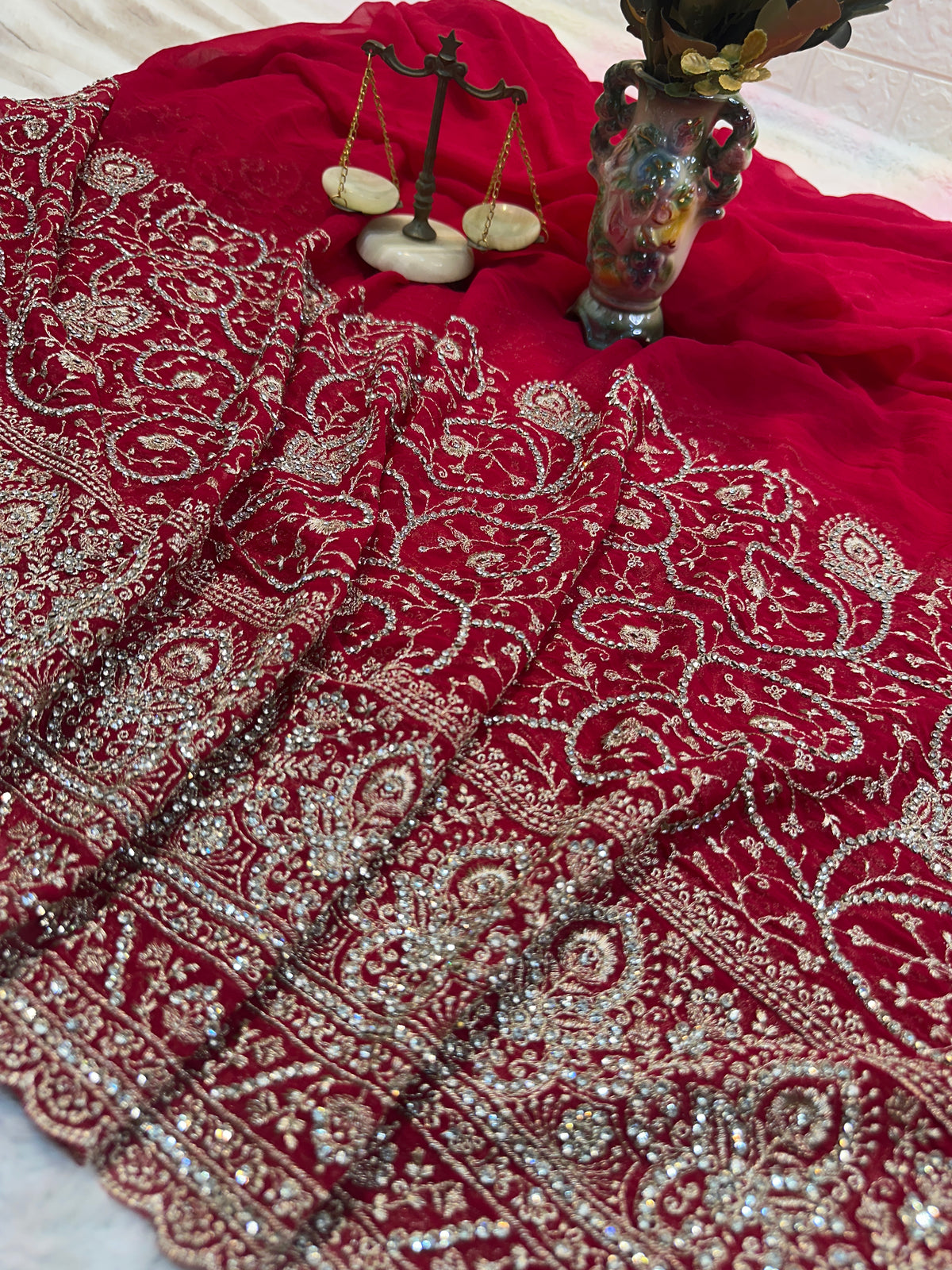 Premium Red Bridal Saree with Dupatta | Heavy Embroidery & Stone Work