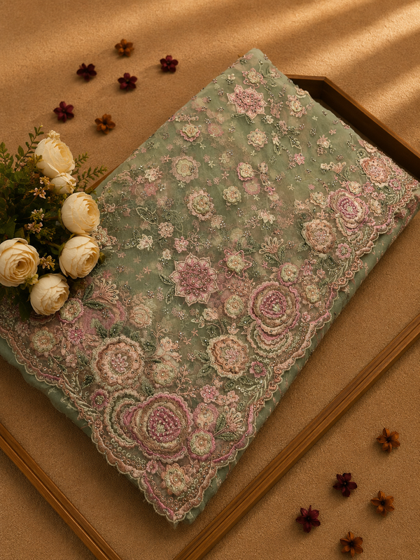 Premium Sage Green Pure Soft Butterfly Net Saree with Heavy Floral Embroidery & Sequin Work | Luxury Designer Collection