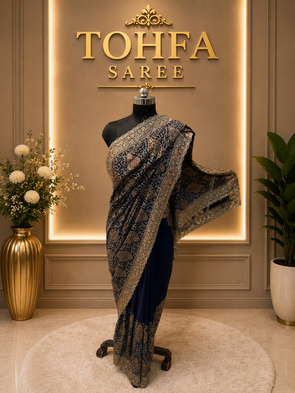Premium Navy Blue Georgette Kashmiri Work Designer Saree | Elegant Wedding & Festive Collection