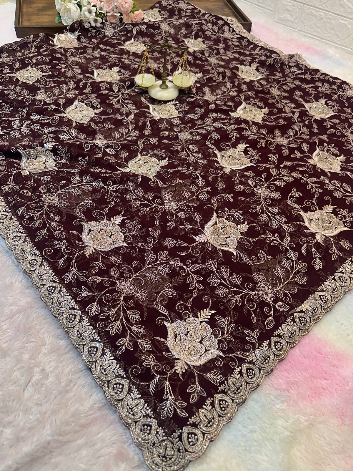 Premium Dark Chocolate Brown Zari Work Saree With Dupatta ✨