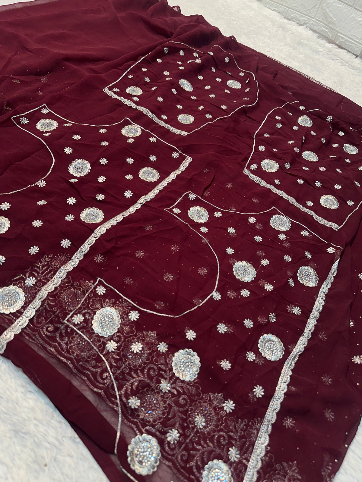 Wine Georgette Saree with Silver Zari & Sequin Embroidery