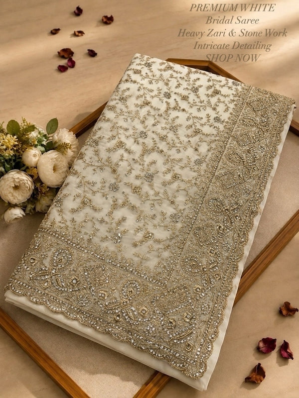 Elegant White  Georgette Saree with Zari &ZARKHAN Work – Luxury Wedding Collection