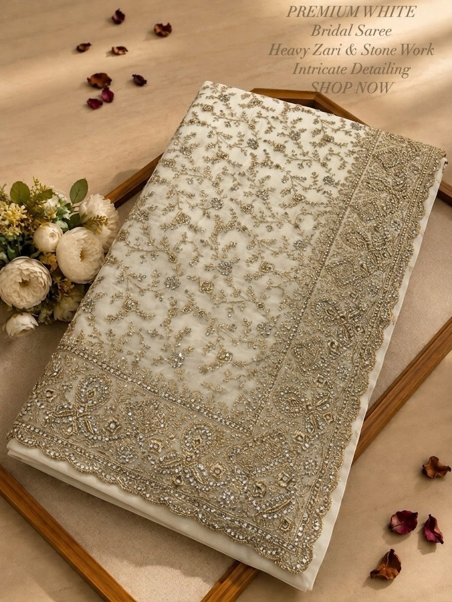 Elegant White  Georgette Saree with Zari & Rarkhan Work – Luxury Wedding Collection