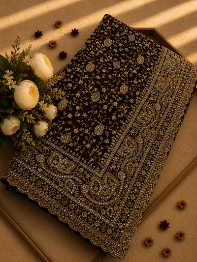 Premium Brown Designer Georgette Saree with Heavy Sequins & Intricate Embroidery Work